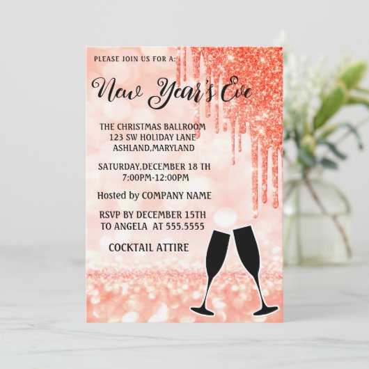 素晴らしいエレガントピンクの新年ワイングラス 招待状 (スタンド正面)