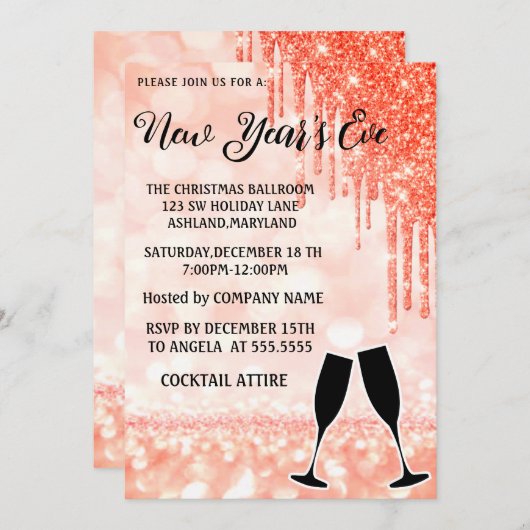 素晴らしいエレガントピンクの新年ワイングラス 招待状 (正面/裏面)