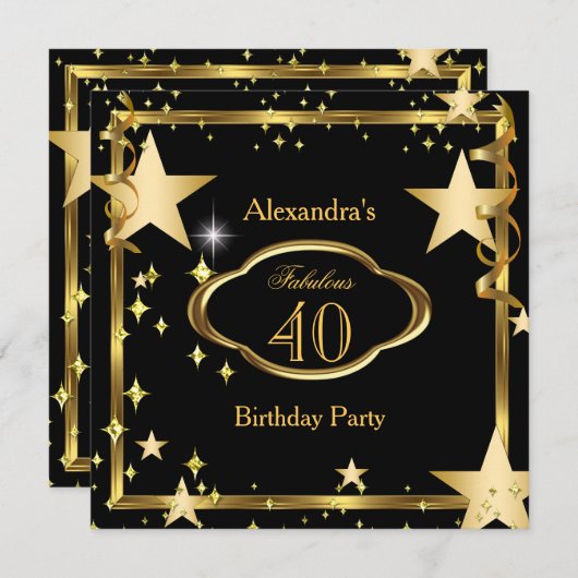 素晴らしいエレガントブラック金ゴールドスターズバースデーパーティー 招待状 (正面/裏面)