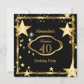 素晴らしいエレガントブラック金ゴールドスターズバースデーパーティー 招待状 (正面)