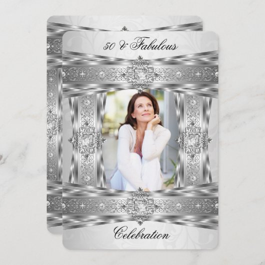 素晴らしいエレガント50ダイヤモンドジェムシルバーホワイト写真 招待状 (正面/裏面)