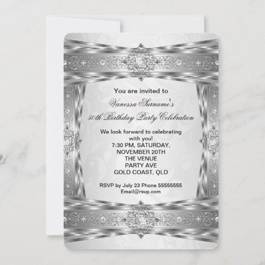素晴らしいエレガント50ダイヤモンドジェムシルバーホワイト写真 招待状 (裏面)