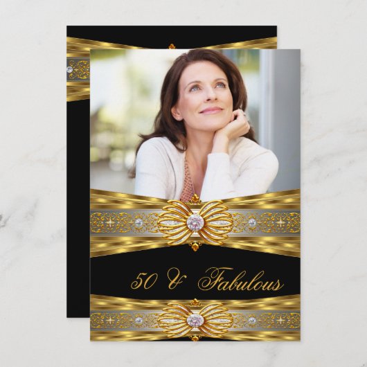素晴らしいエレガント50ダイヤモンドジェム金ゴールドブラックフォト4 招待状 (正面/裏面)