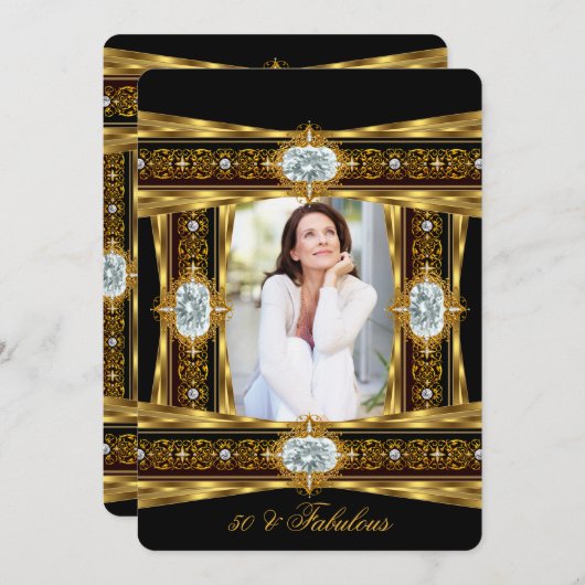 素晴らしいエレガント50ダイヤモンドジェム金ゴールドブラックフォト8 招待状 (正面/裏面)