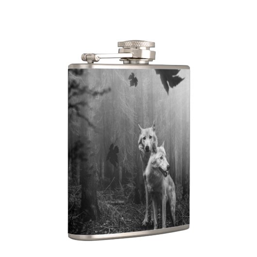 素晴らしいオオカミの白黒の葉私たち一人 フラスク (右)