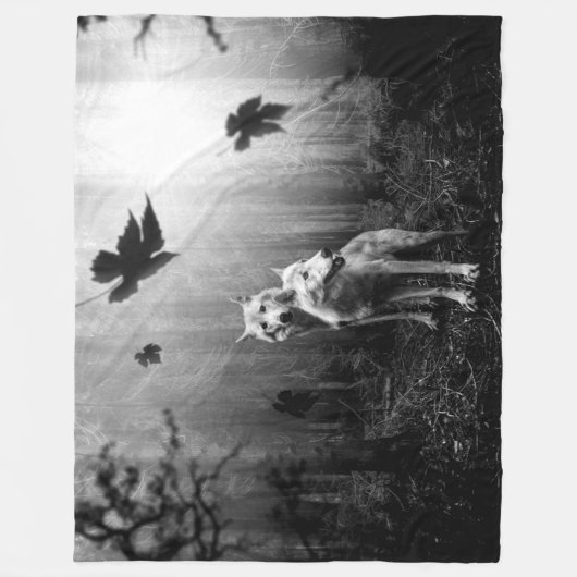 素晴らしいオオカミの白黒の葉私たち一人 フリースブランケット (正面)