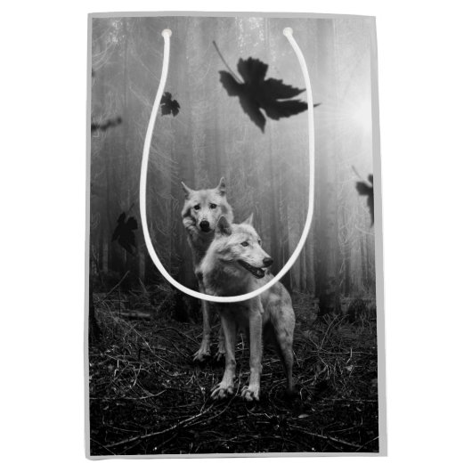 素晴らしいオオカミの白黒の葉私たち一人 ミディアムペーパーバッグ (正面)