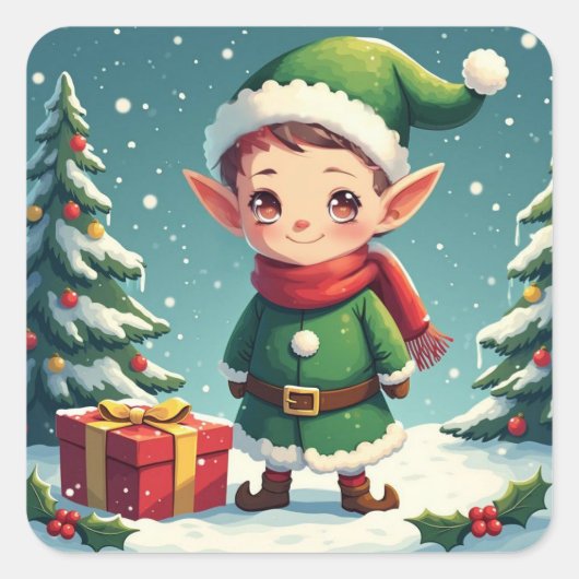 素晴らしいクリスマス小妖精や小人 スクエアシール (正面)
