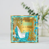 素晴らしいグリッターティール（緑がかった色）ハイヒール金ゴールド誕生日2 招待状 (スタンド正面)