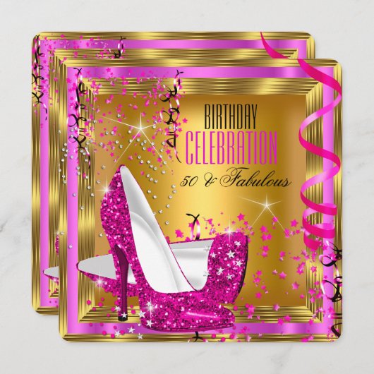 素晴らしいグリッターピンクハイヒール金ゴールド誕生日2 招待状 (正面/裏面)