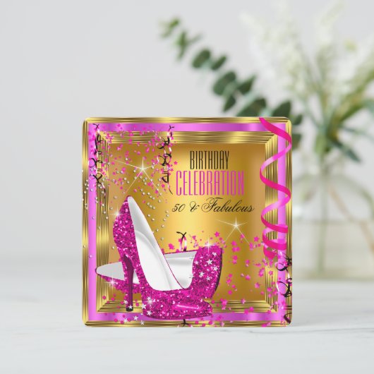 素晴らしいグリッターピンクハイヒール金ゴールド誕生日2 招待状 (スタンド正面)