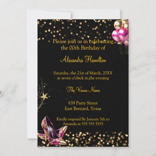 素晴らしいグリッターホットピンク金ゴールドハイトシャンパン 招待状 (裏面)