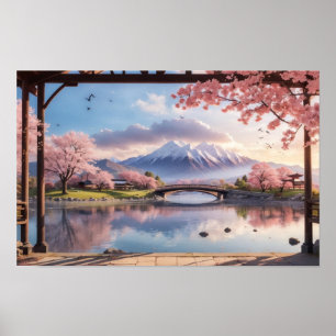 素晴らしいサンセット日本の桜ツリー ポスター