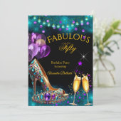素晴らしいシャンパン誕生日パープルテールゴールドヒール 招待状 (スタンド正面)