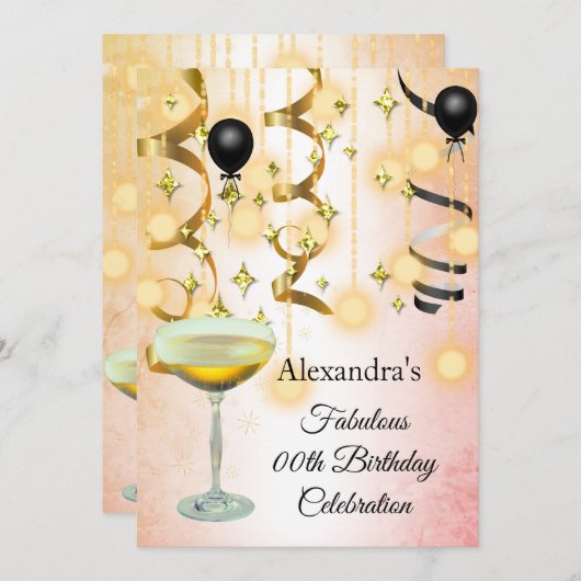 素晴らしいシャンパーニュ金ゴールドピンクライトパーティー招待状 セーブザデート (正面/裏面)