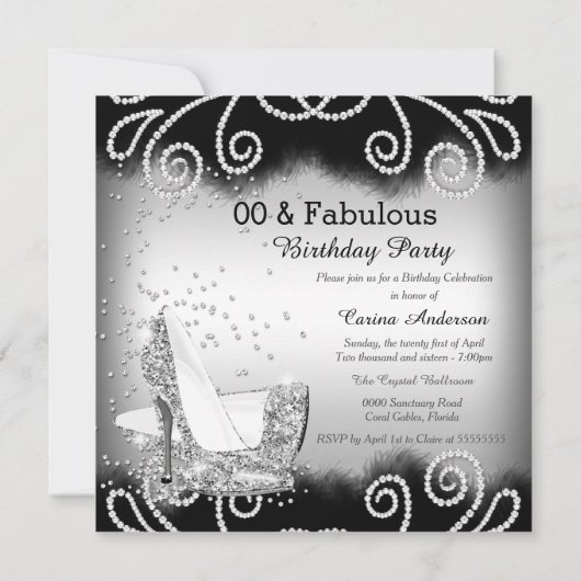 素晴らしいシルバーグリッターハイヒールバースデーパーティー 招待状 (裏面)