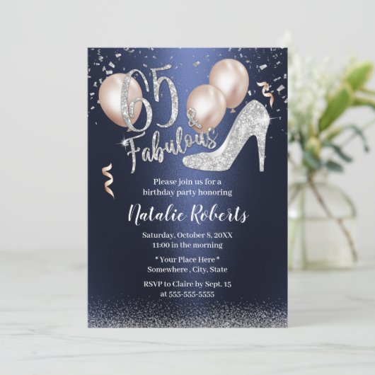 素晴らしいシルバーハイヒールネイビーブルー65誕生日 招待状 (スタンド正面)
