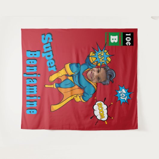 素晴らしいスーパーヒーロー誕生日フォトパーフェクトキッズ タペストリー (正面(横))