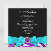 素晴らしいゼブラパープルティール（緑がかった色）ブラックバースデーパーティー 招待状 (裏面)