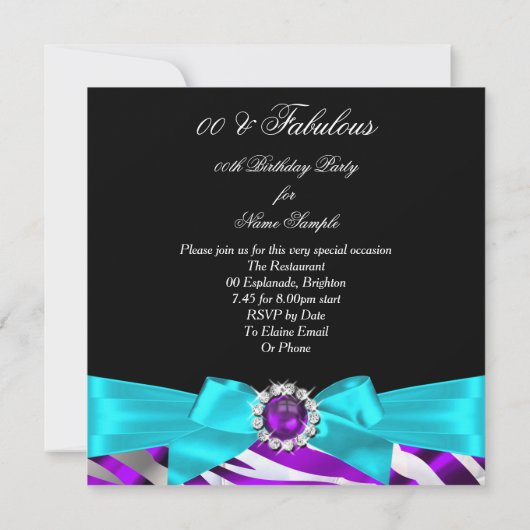 素晴らしいゼブラパープルティール（緑がかった色）ブラックバースデーパーティー 招待状 (裏面)