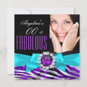 素晴らしいゼブラパープルティール（緑がかった色）ブラックバースデーパーティー 招待状 (正面)