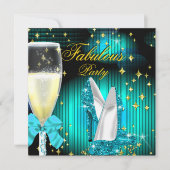 素晴らしいティール（緑がかった色）グリッターハイヒールバースデーパーティー 招待状 (正面)