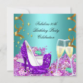 素晴らしいティール(緑がかった色)パープルグリッターハイヒールシャンパン 招待状 (正面)