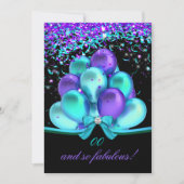 素晴らしいティール（緑がかった色）パープルストリーマーバルーン誕生日 招待状 (正面)