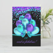 素晴らしいティール（緑がかった色）パープルストリーマーバルーン誕生日 招待状 (スタンド正面)