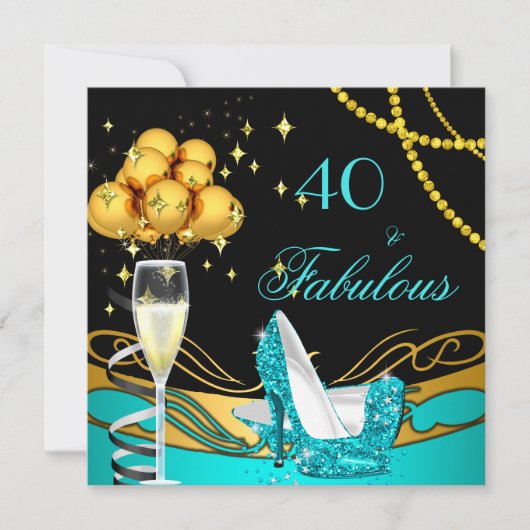 素晴らしいティール（緑がかった色）ヒール金ゴールドブラックバースデーパーティー 招待状 (正面)