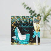 素晴らしいティール(緑がかった色)ブルーグリッターハイヒール誕生日2 招待状 (スタンド正面)