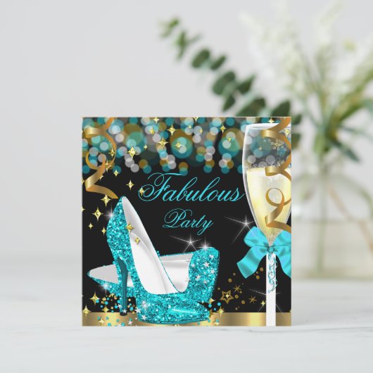 素晴らしいティール（緑がかった色）ブルーグリッターハイヒール誕生日2 招待状 (スタンド正面)