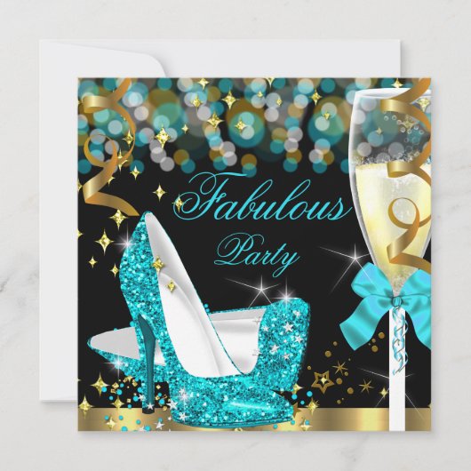 素晴らしいティール（緑がかった色）ブルーグリッターハイヒール誕生日2 招待状 (正面)