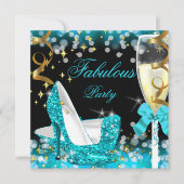 素晴らしいティール(緑がかった色)ブルーグリッターハイヒール誕生日 招待状 (正面)