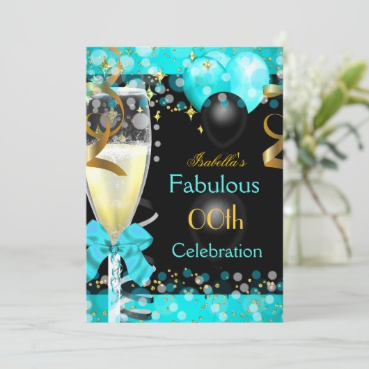 素晴らしいティール(緑がかった色)ブルーシャンパンバースデーパーティー2 招待状 (スタンド正面)