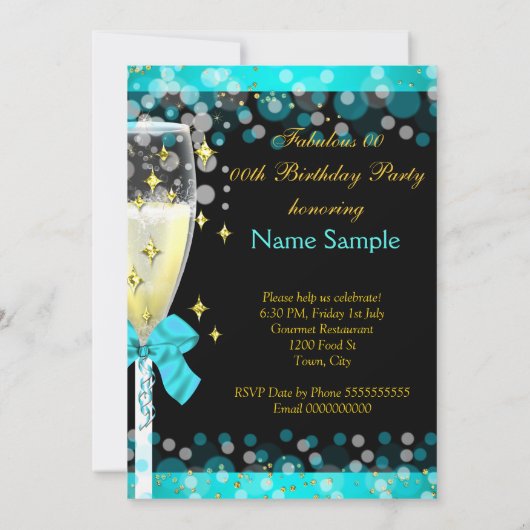 素晴らしいティール（緑がかった色）ブルーシャンパンバースデーパーティー2 招待状 (裏面)