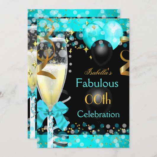 素晴らしいティール（緑がかった色）ブルーシャンパンバースデーパーティー2 招待状 (正面/裏面)