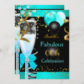 素晴らしいティール（緑がかった色）ブルーシャンパーニュ金ゴールドバースデーパーティー 招待状 (正面/裏面)