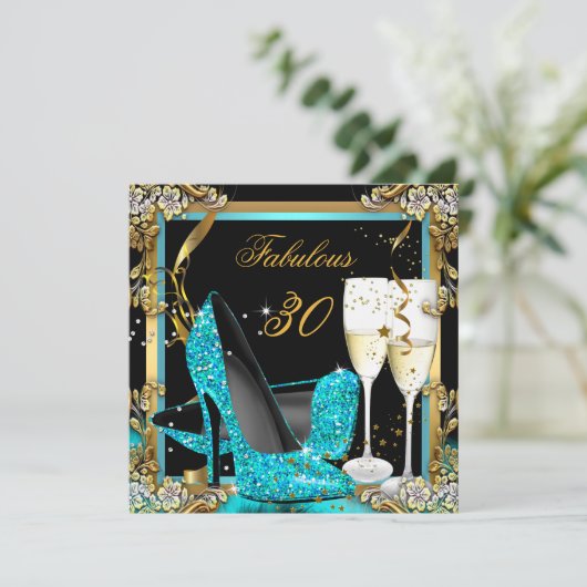 素晴らしいティール(緑がかった色)ブルーハイトブラックシャンパーニュパーティー 招待状 (スタンド正面)