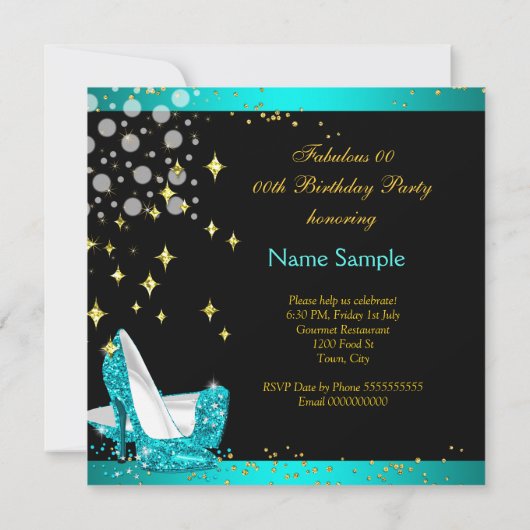 素晴らしいティール（緑がかった色）ブルーハイヒール金ゴールド誕生日パーティー 招待状 (裏面)