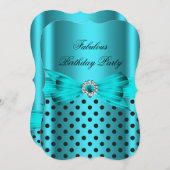 素晴らしいティール(緑がかった色)ブルーブラック水玉模様バースデーパーティー 招待状 (正面/裏面)