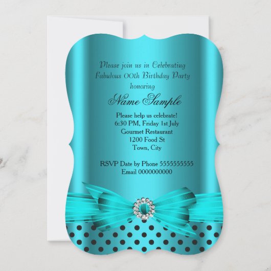 素晴らしいティール(緑がかった色)ブルーブラック水玉模様バースデーパーティー 招待状 (裏面)
