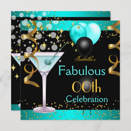 素晴らしいティール(緑がかった色)ブルーマルティーニ金ゴールド誕生日パーティー 招待状 (正面/裏面)