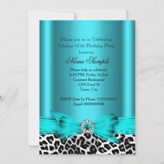 素晴らしいティール（緑がかった色）ブルーワイルドレオパードバースデーパーティー 招待状 (裏面)
