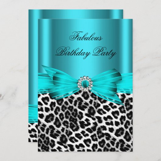 素晴らしいティール（緑がかった色）ブルーワイルドレオパードバースデーパーティー 招待状 (正面/裏面)
