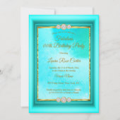 素晴らしいティール（緑がかった色）ブルー金ゴールドフォトバースデーパーティー 招待状 (正面)