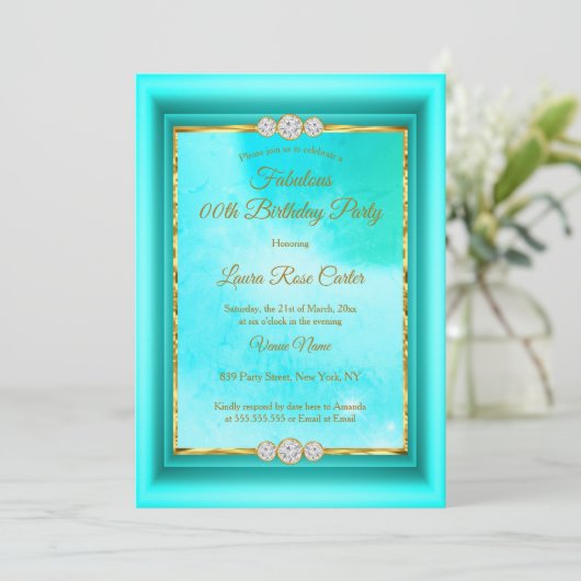 素晴らしいティール(緑がかった色)ブルー金ゴールドフォトバースデーパーティー 招待状 (スタンド正面)