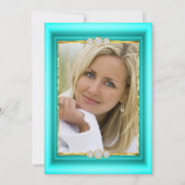 素晴らしいティール（緑がかった色）ブルー金ゴールドフォトバースデーパーティー 招待状 (裏面)