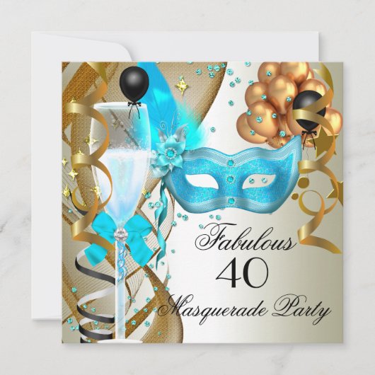素晴らしいティール（緑がかった色）金ゴールドクリームブラックマスカレードパーティー 招待状 (正面)