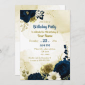 素晴らしいネイビーブルーアイボリーの花の金ゴールド誕生日 招待状 (正面/裏面)